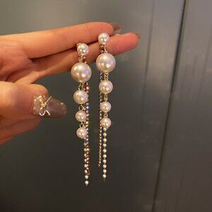 Cute Korean Style Faux Pearl & Rhinestone Long Tassel Earrings Drop Earrings 3"